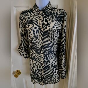 Moda International Animal Print Button-Up Shirt Women's Size Small Black/Cream